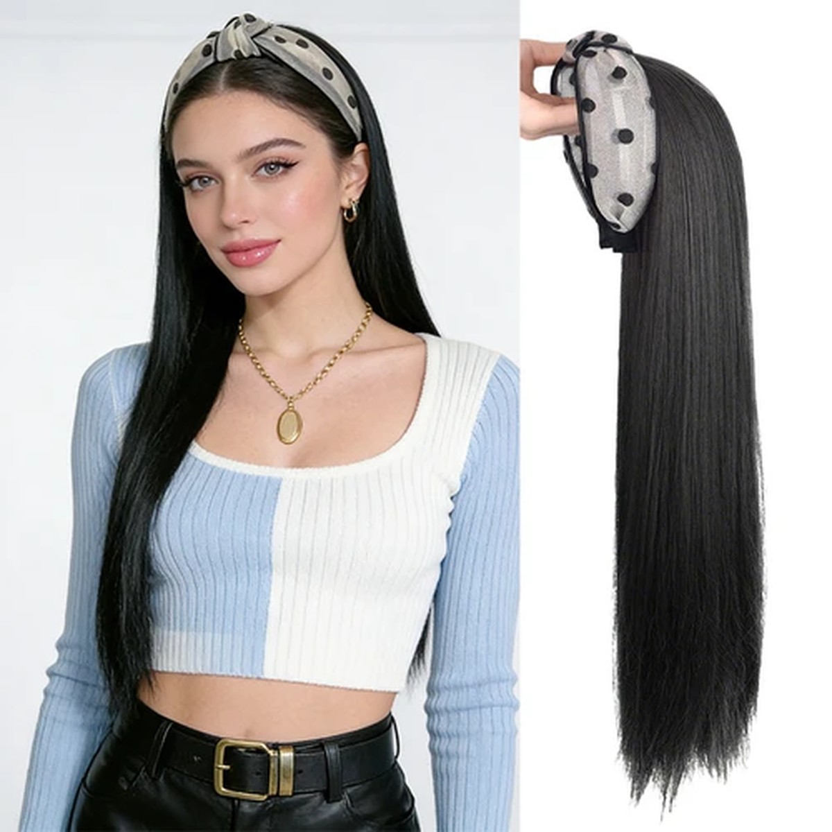 Black Satin-Headband Straight Half Wig product visual reference