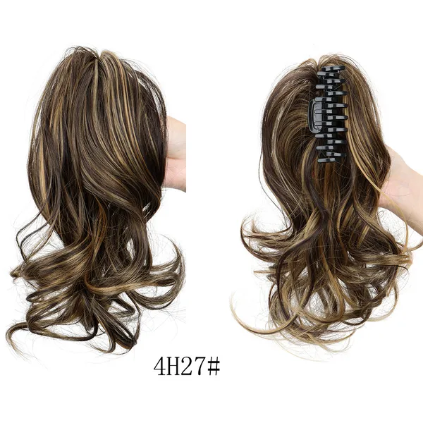 Short curly claw-clip ponytail in color 4H27, front and back views