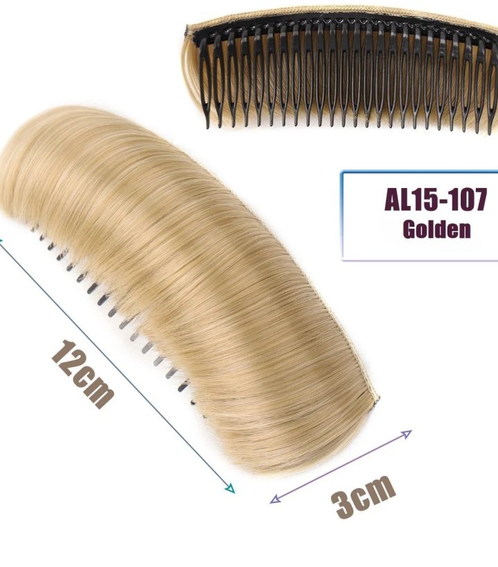 Golden comb-in hair volume pad, front and back views, 12 by 3 cm