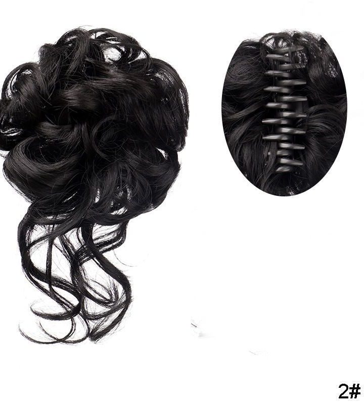 Natural black tendril bun hairpiece with front view and claw-clip underside